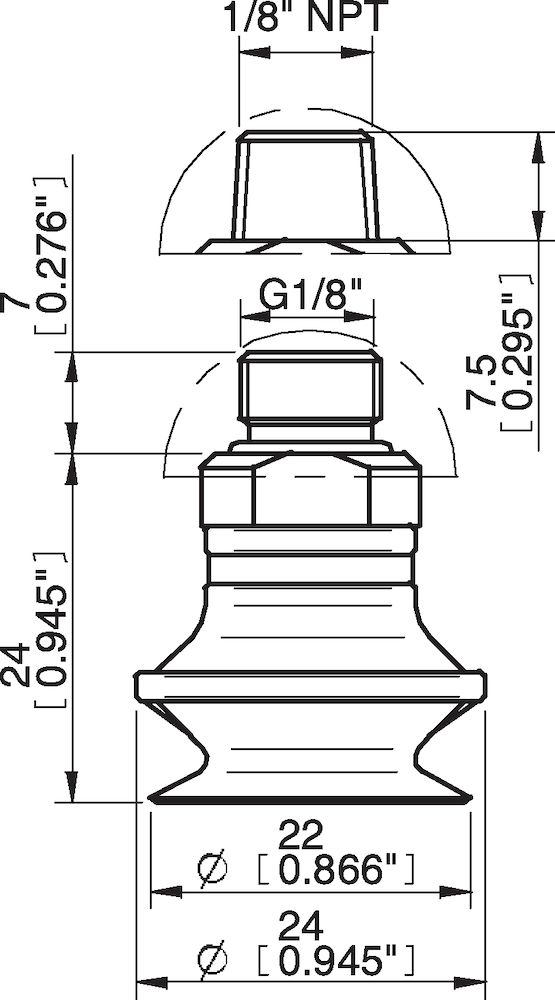 Piab Suction cup B20 Chloroprene, G1/8 male, with mesh filter and dual flow control valve