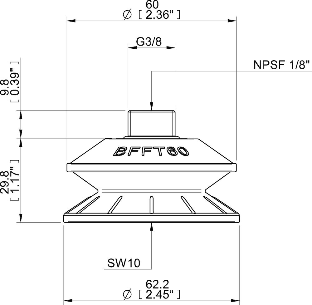 Piab Suction cup BFFT60P-2 Polyurethane 60/60/30, G3/8 male, 1/8 NPSF female, with mesh filter