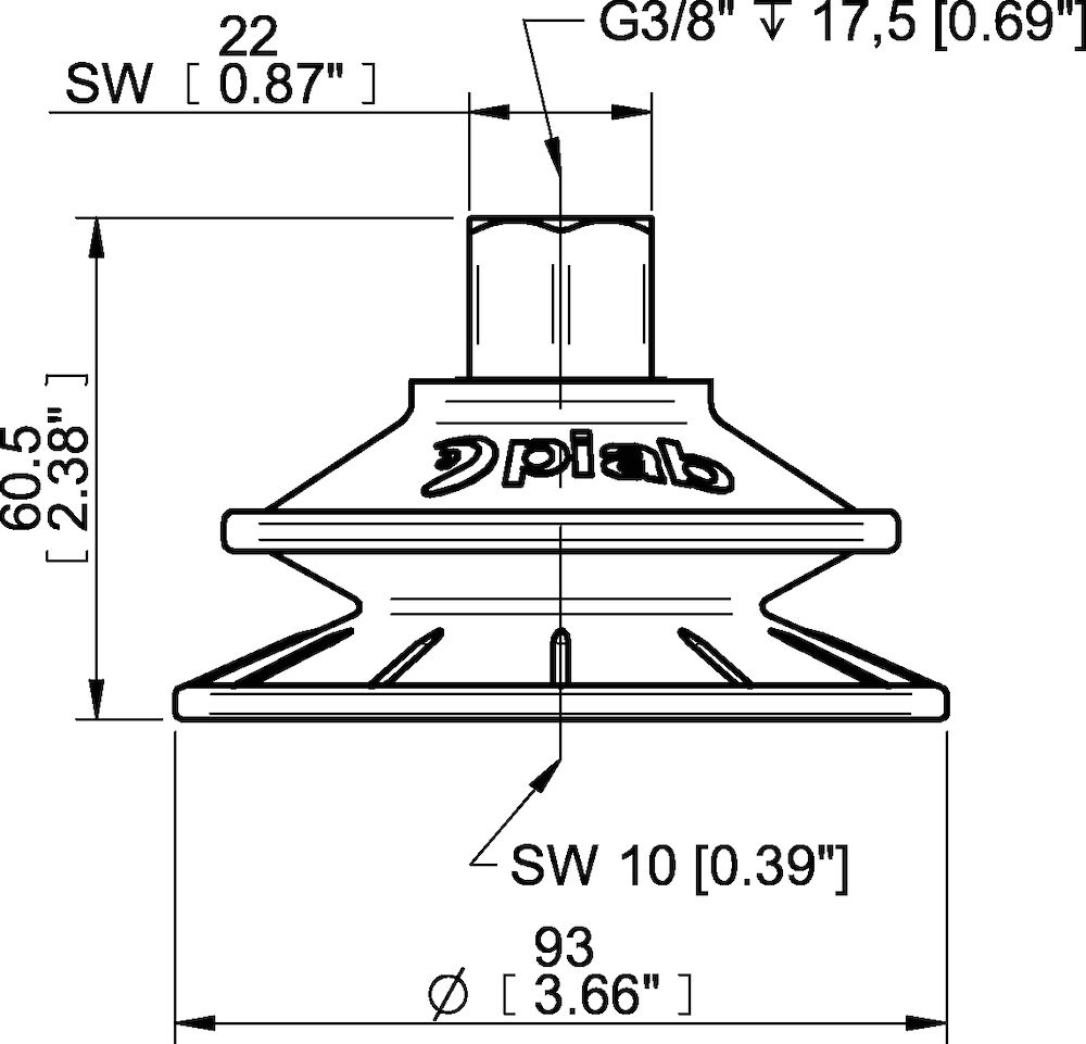Piab Suction cup BFFT90P Polyurethane 60/60/30 G3/8 female with mesh filter, 17 mm thread