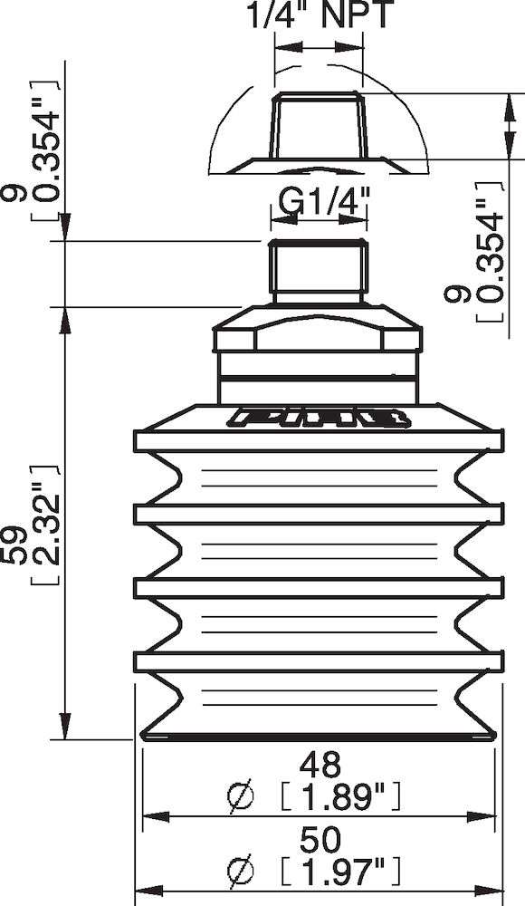 Piab Suction cup BL50-2 Chloroprene, G1/4 male, with mesh filter and dual flow control valve