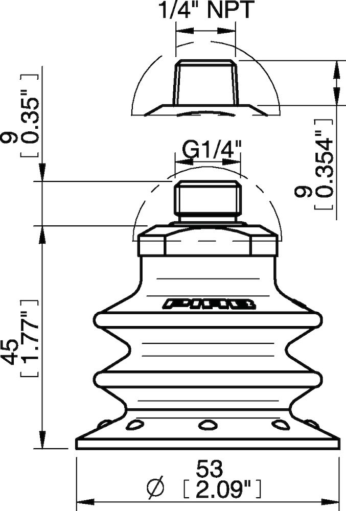Piab Suction cup BX52P Polyurethane 60 with filter, 1/4 NPT male, with dual flow control valve