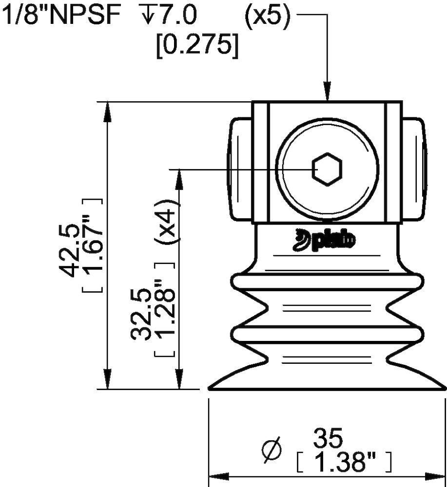 Piab Suction cup F-BXT35 Silicone 5x1/8 NPSF female, with dual flow control valve