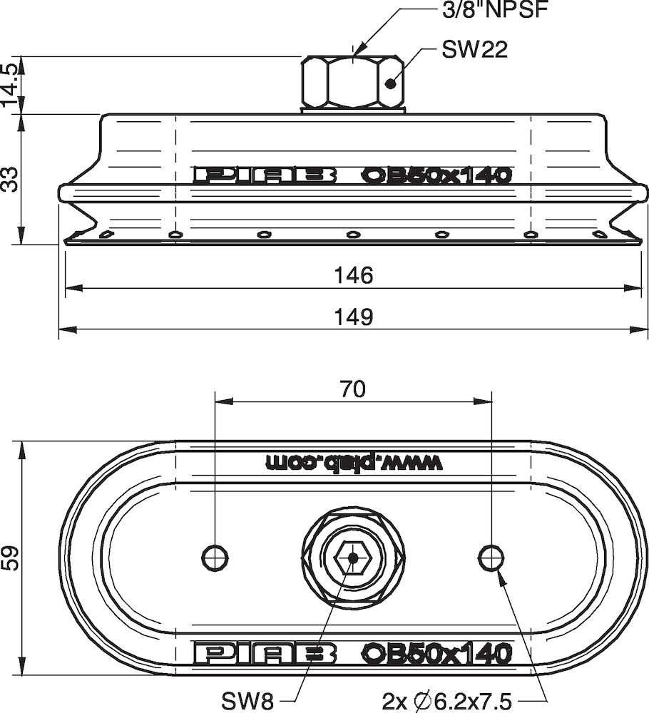 Piab Suction cup OB50x140P Polyurethane 30/60, brass 3/8 NPSF female