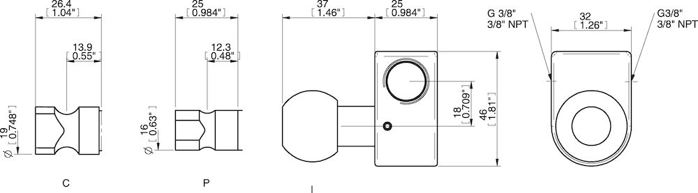 Piab Centralized vacuum connection, G threads, Ball joint, Left or Right hand connection